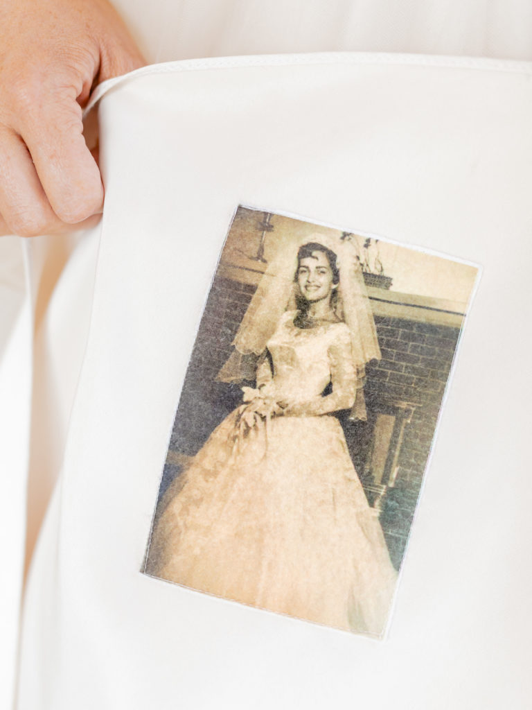 Old grandmother image sewn into wedding gown